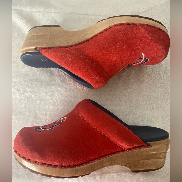 L L Bean Women’s Embroidered Anchor Red Suede Slides Clogs Mules Size 6.5 - Picture 3 of 11